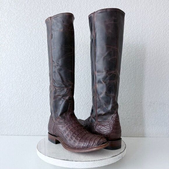 Rod Patrick Womens Cowboy Boots Sz 9B Brown Caiman Leather Riding Boot 17" Tall - Picture 1 of 12